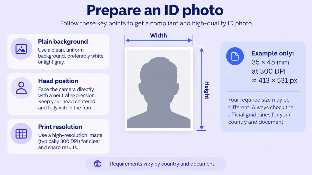 Illustrative ID photo frame with size and print resolution guidance
