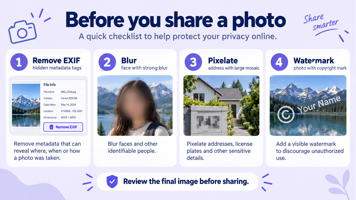 Photo sharing checklist: remove EXIF, blur, pixelate and watermark